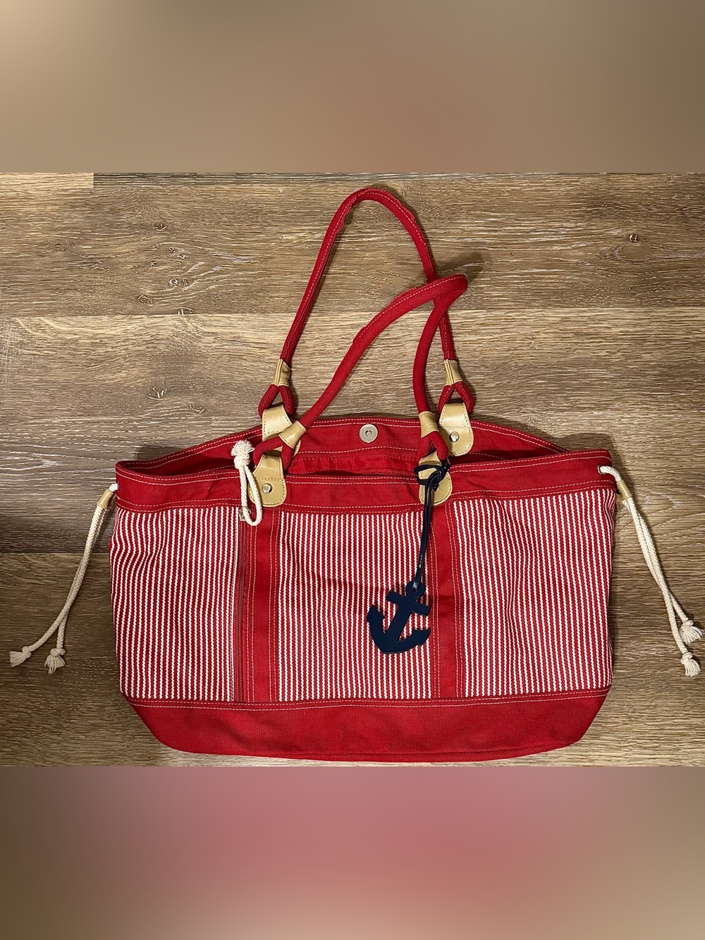 Large Red White Striped Nautical Canvas Tote Bag Anchor Charm Beach Bag - Picture 9 of 10
